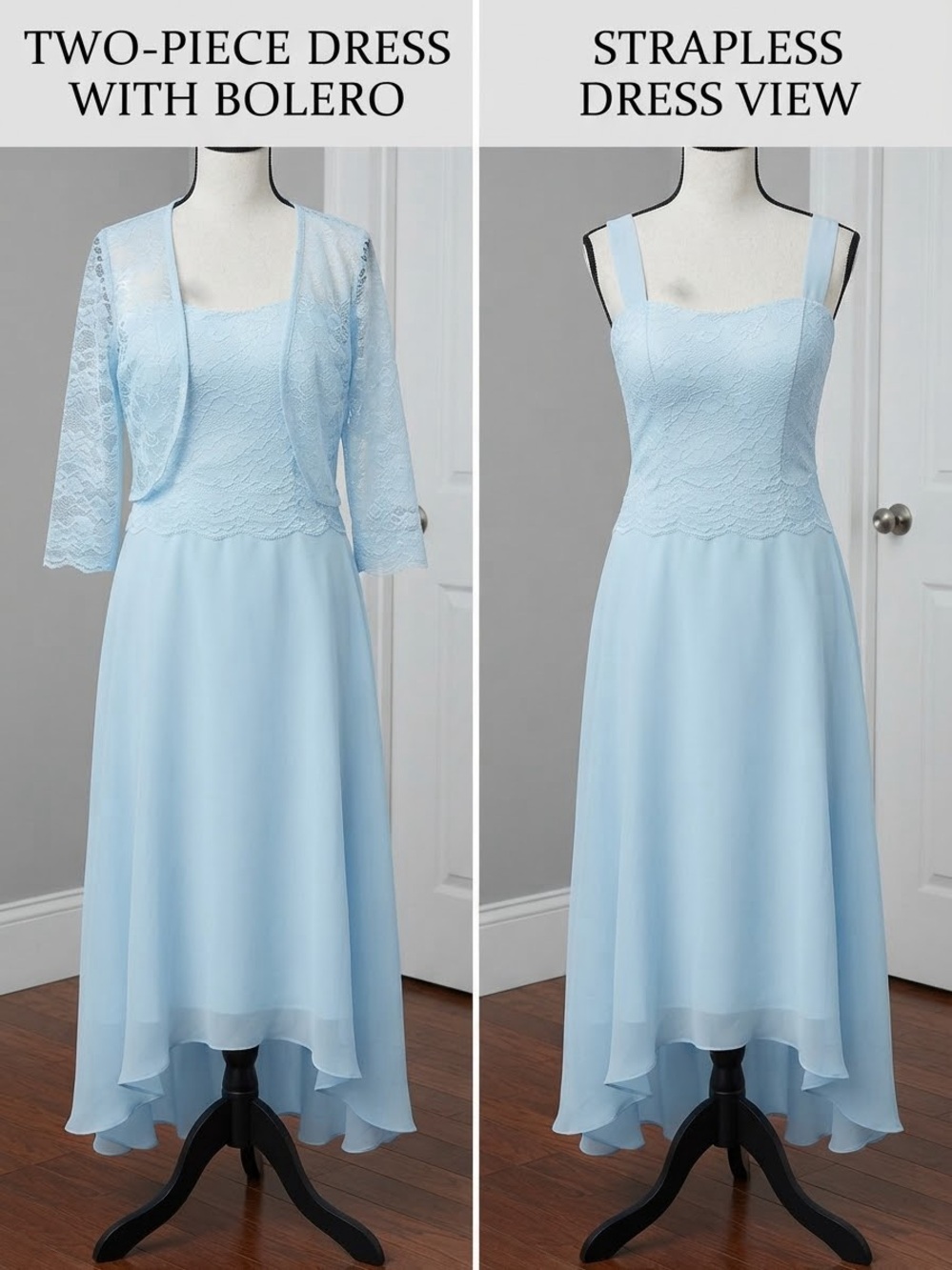 NWT Light Blue Lace Bodice Formal High-Low Dress with Matching Bolero Jacket Set